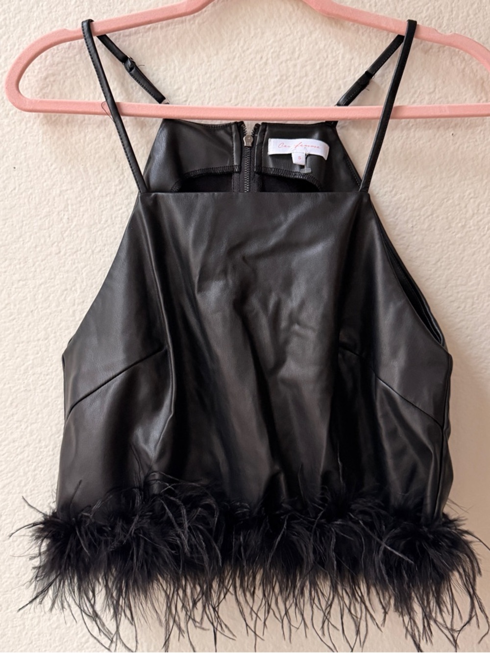 Ces Femme Faux Leather Feather Trim Halter Top Black Y2K Going‎ Out Club Top S